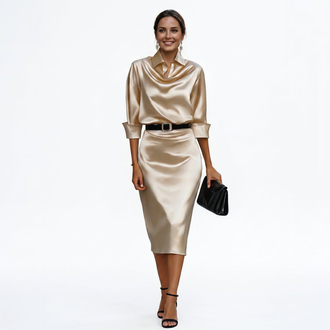 Comfortable yet elegant draped neck midi dress for women, perfect as a wedding guest or cocktail party dress.