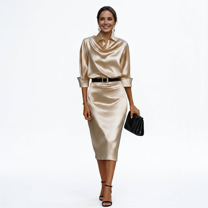 Comfortable yet elegant draped neck midi dress for women, perfect as a wedding guest or cocktail party dress.