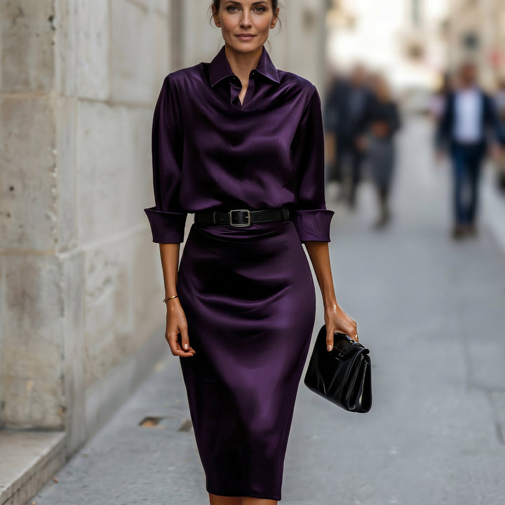 Draped neck midi dress for women, a sophisticated three-quarter sleeve design, great for weddings & cocktails.