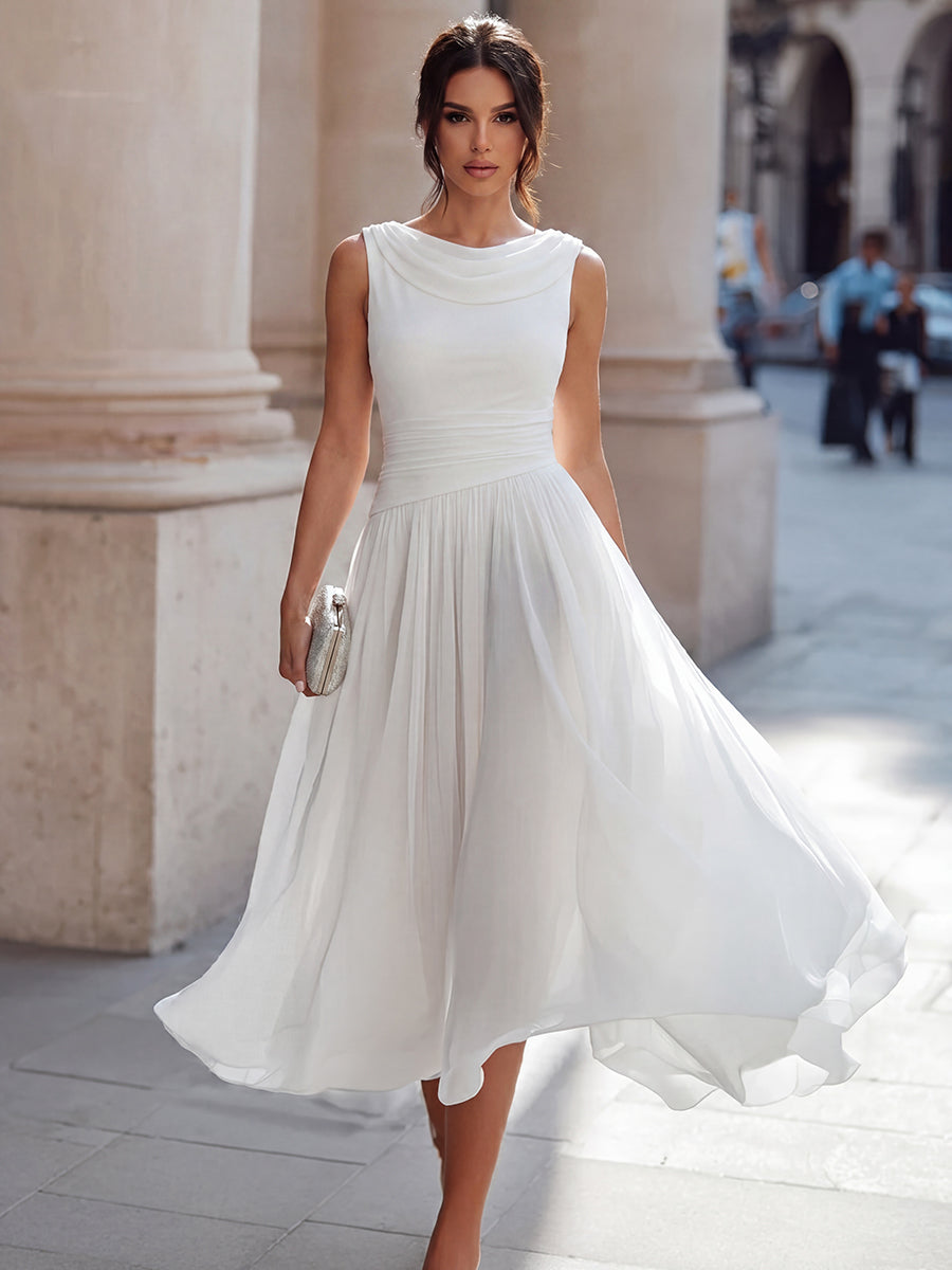 Women's elegant draped neck pleated midi dress, perfect for formal occasions & weddings.