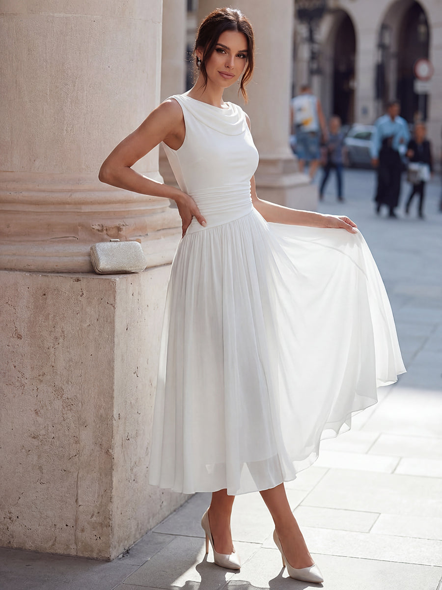 Sleeveless draped neck midi dress with elegant pleats, ideal for wedding guests & evening parties.