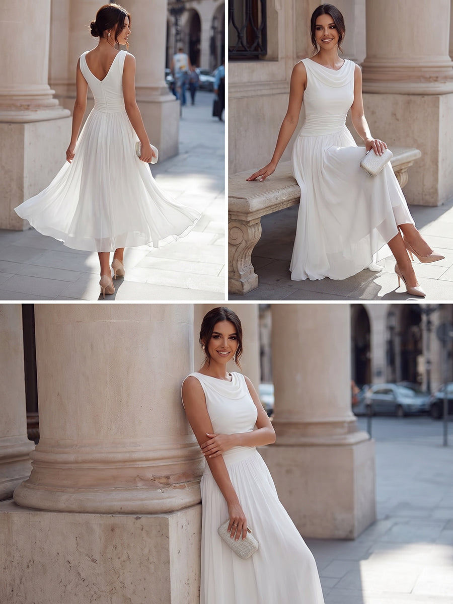 Formal women's midi dress with draped neck and pleats, perfect for elegant events & party wear.