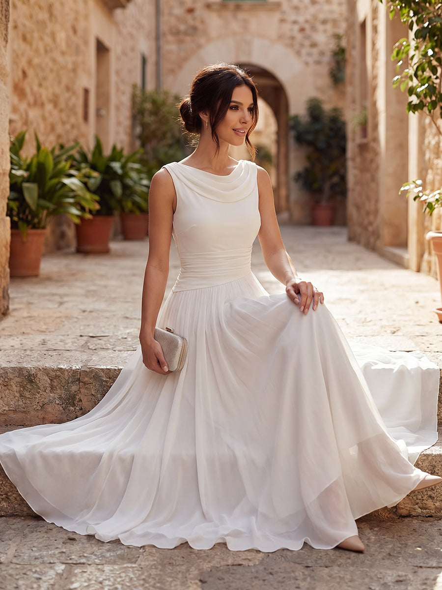 Chic women's pleated midi dress featuring a sophisticated draped neck, suitable for special occasions.