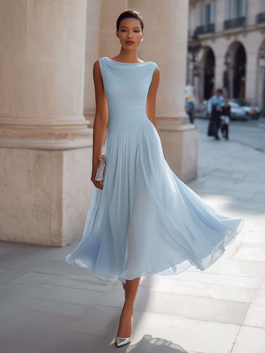 Elegant women's sleeveless midi dress with draped neck and pleated skirt for formal events.