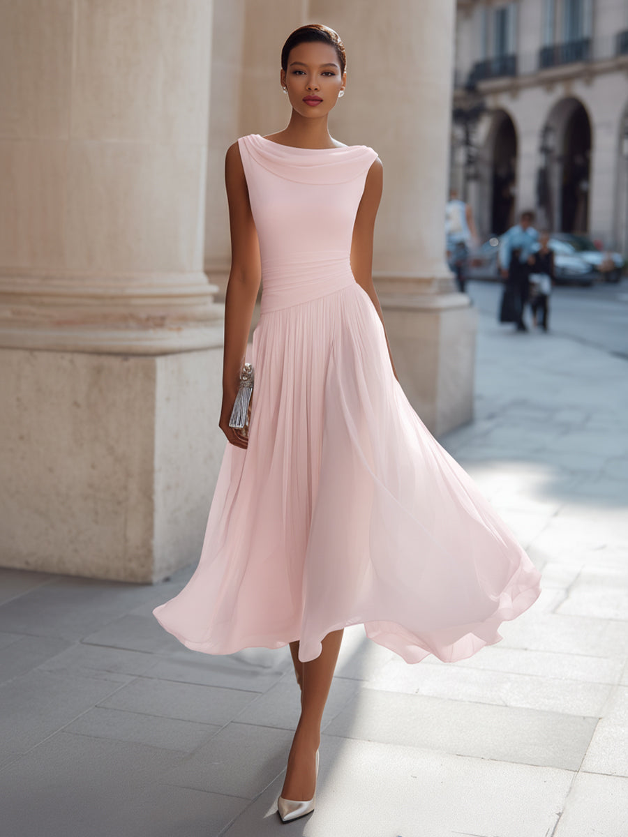 Beautiful women's midi dress: draped neckline, flowing pleated skirt. Perfect for elegant evening wear.