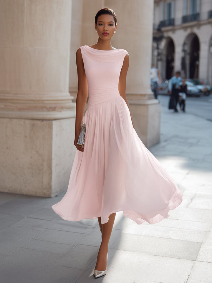 Beautiful women's midi dress: draped neckline, flowing pleated skirt. Perfect for elegant evening wear.