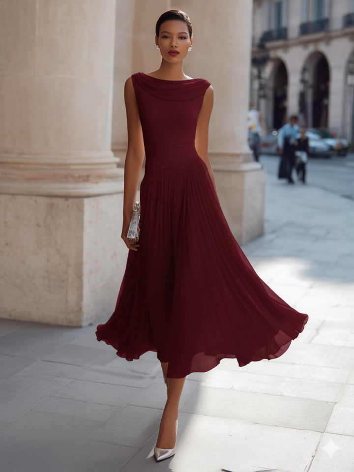Formal women's evening dress, sleeveless pleated midi style with an elegant draped neckline.