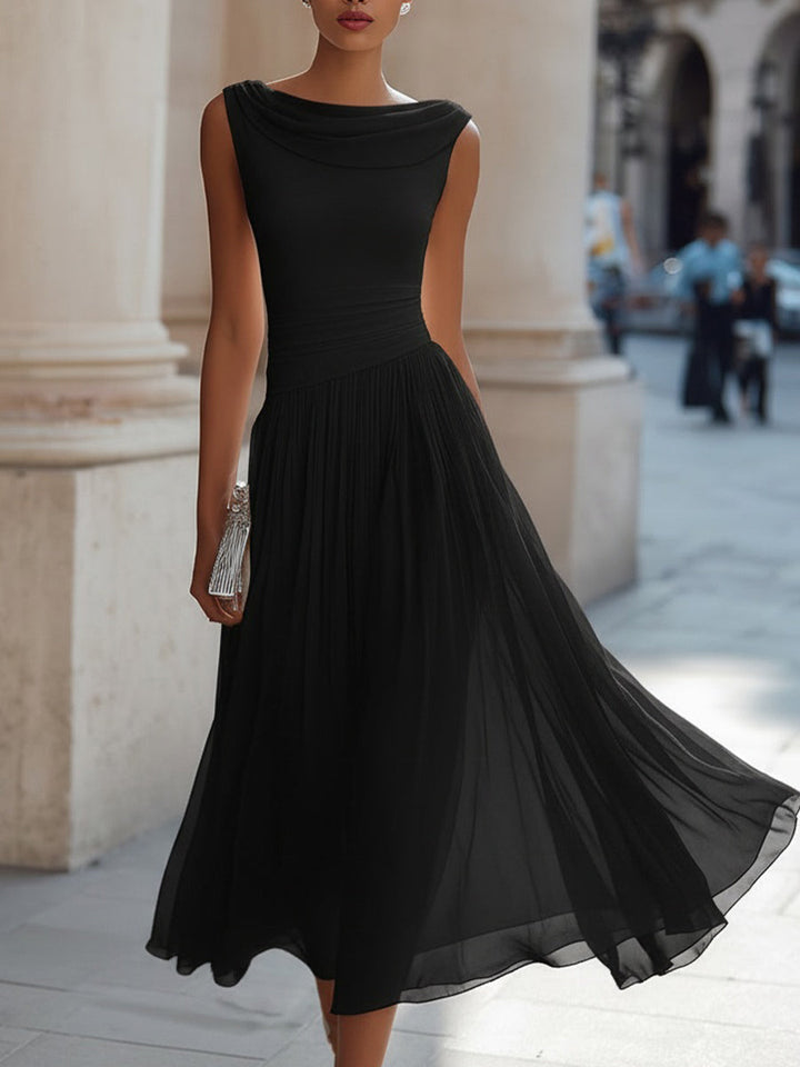 Graceful women's wedding guest midi dress with draped neck and pleated design for elegant style.