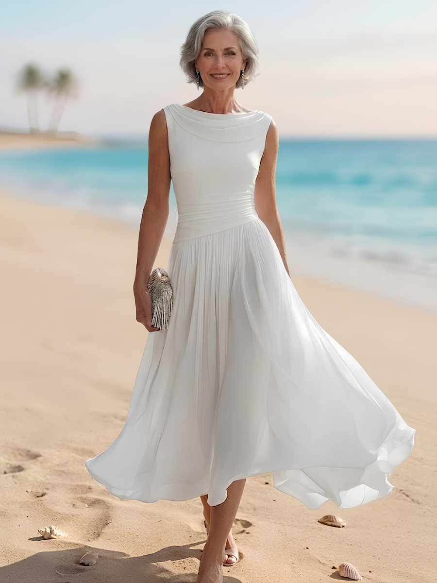 Women's elegant draped neck sleeveless A-line midi dress with pleated skirt, perfect for wedding guests.