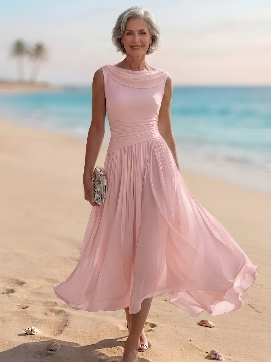 Elegant women's draped neck sleeveless A-line midi dress with a beautiful pleated skirt, suitable for special events.