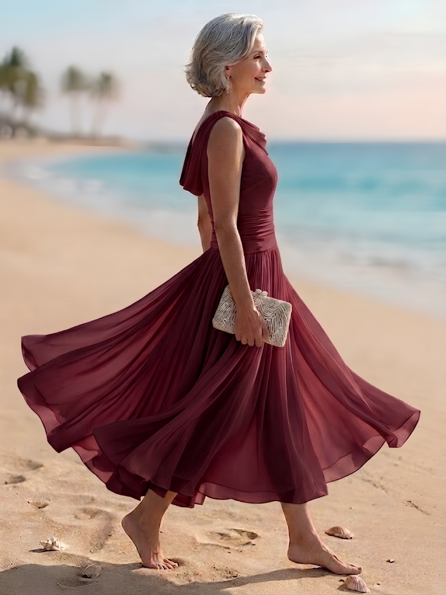 Perfect for occasions, this women's pleated A-line midi dress boasts a draped neck and sleek sleeveless design.