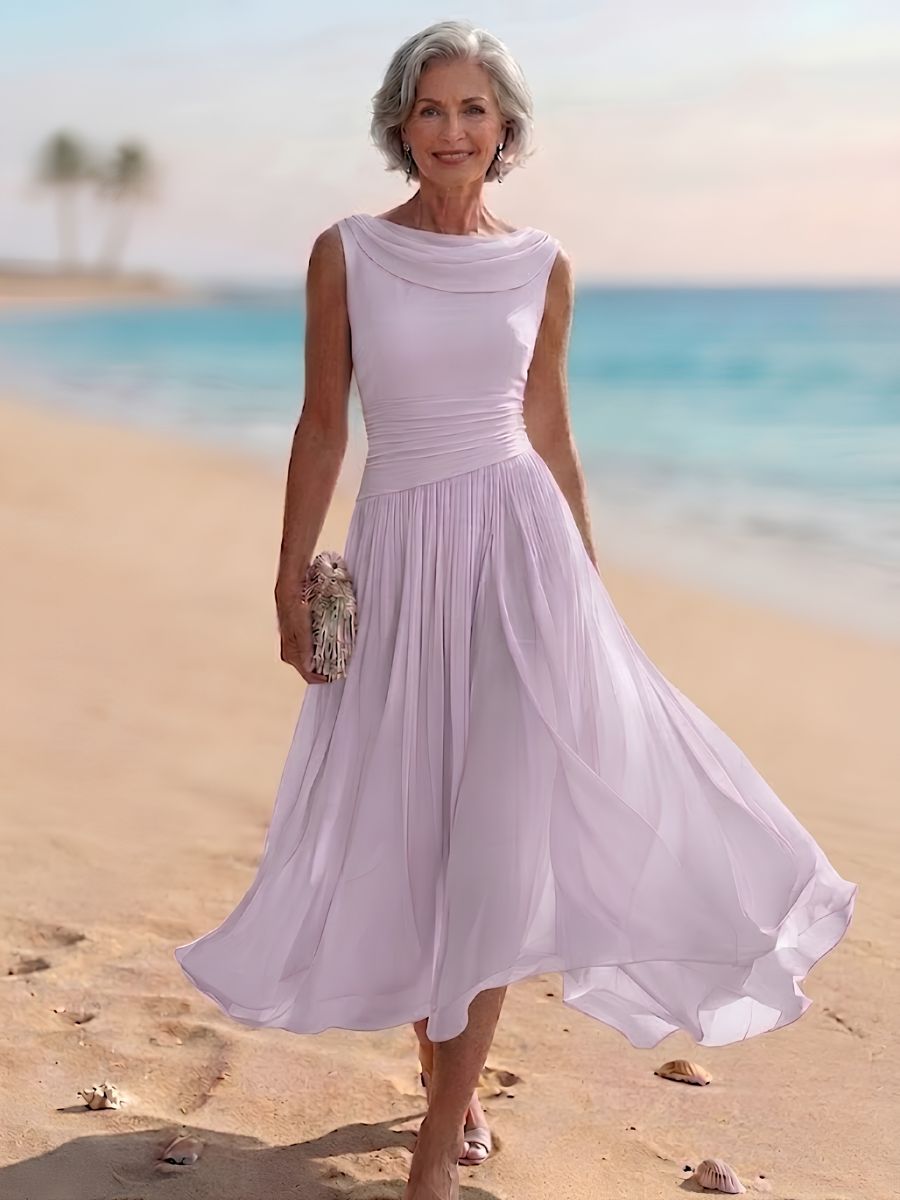 Versatile women's summer midi dress: sleeveless, draped neck, and pleated A-line skirt for effortless elegance.