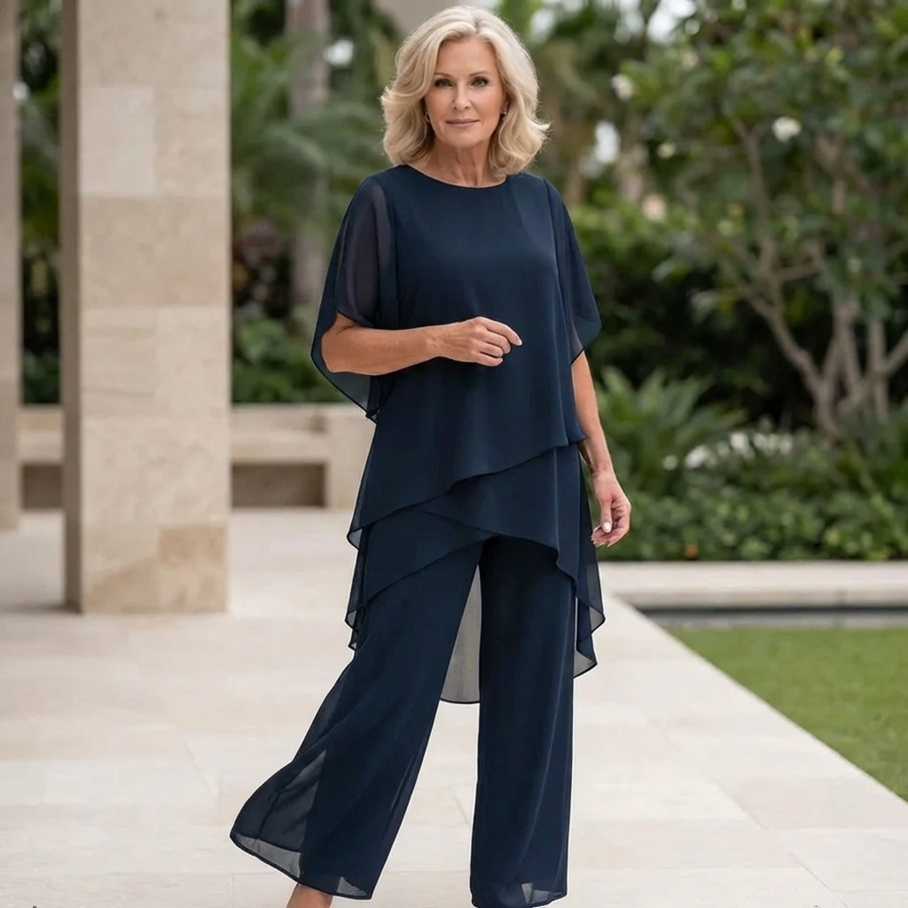 Women's elegant draped palazzo pants set, a comfortable two-piece outfit for versatile spring/summer style.