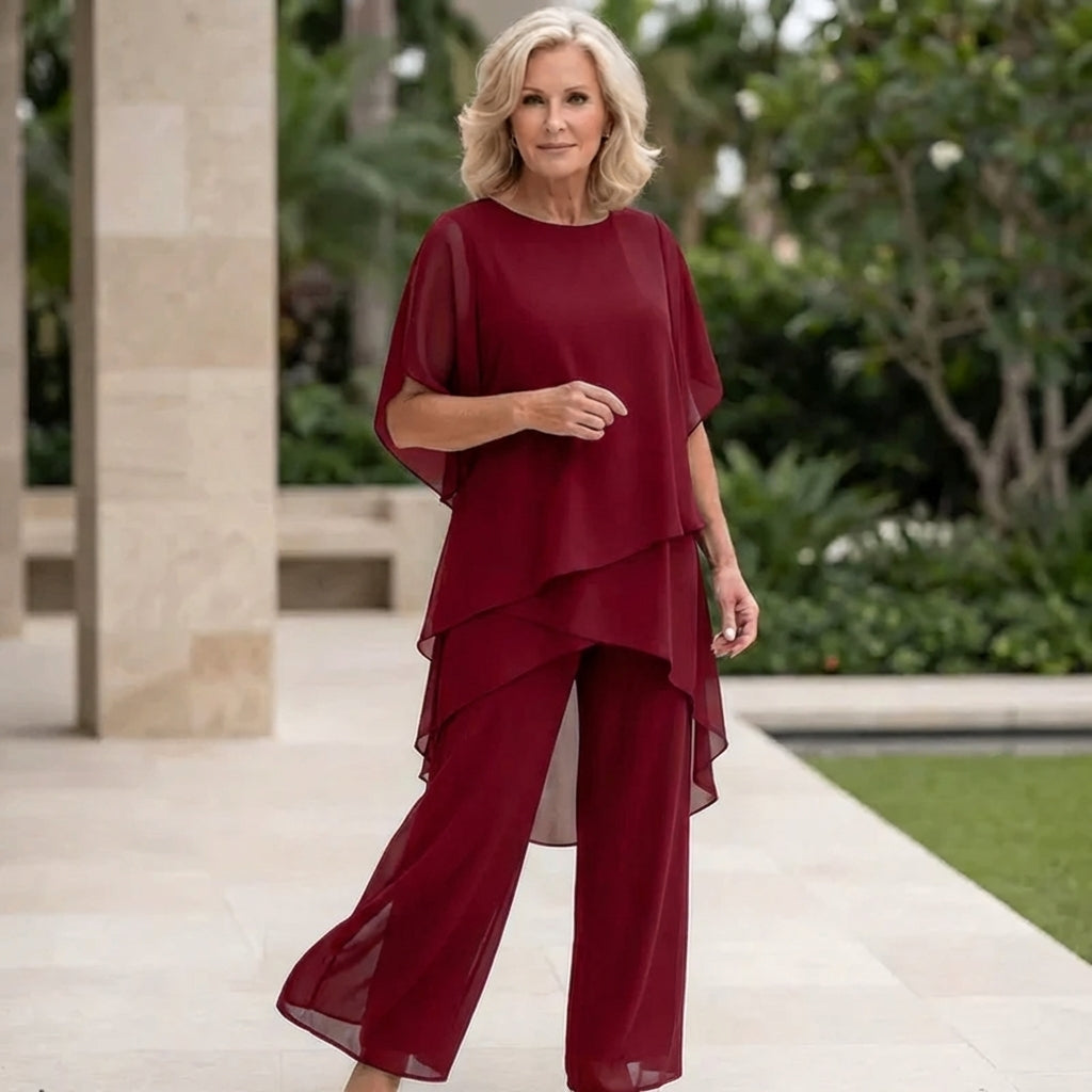 Elegant women's casual chic outfit, a draped palazzo pants set designed for comfortable fashion.