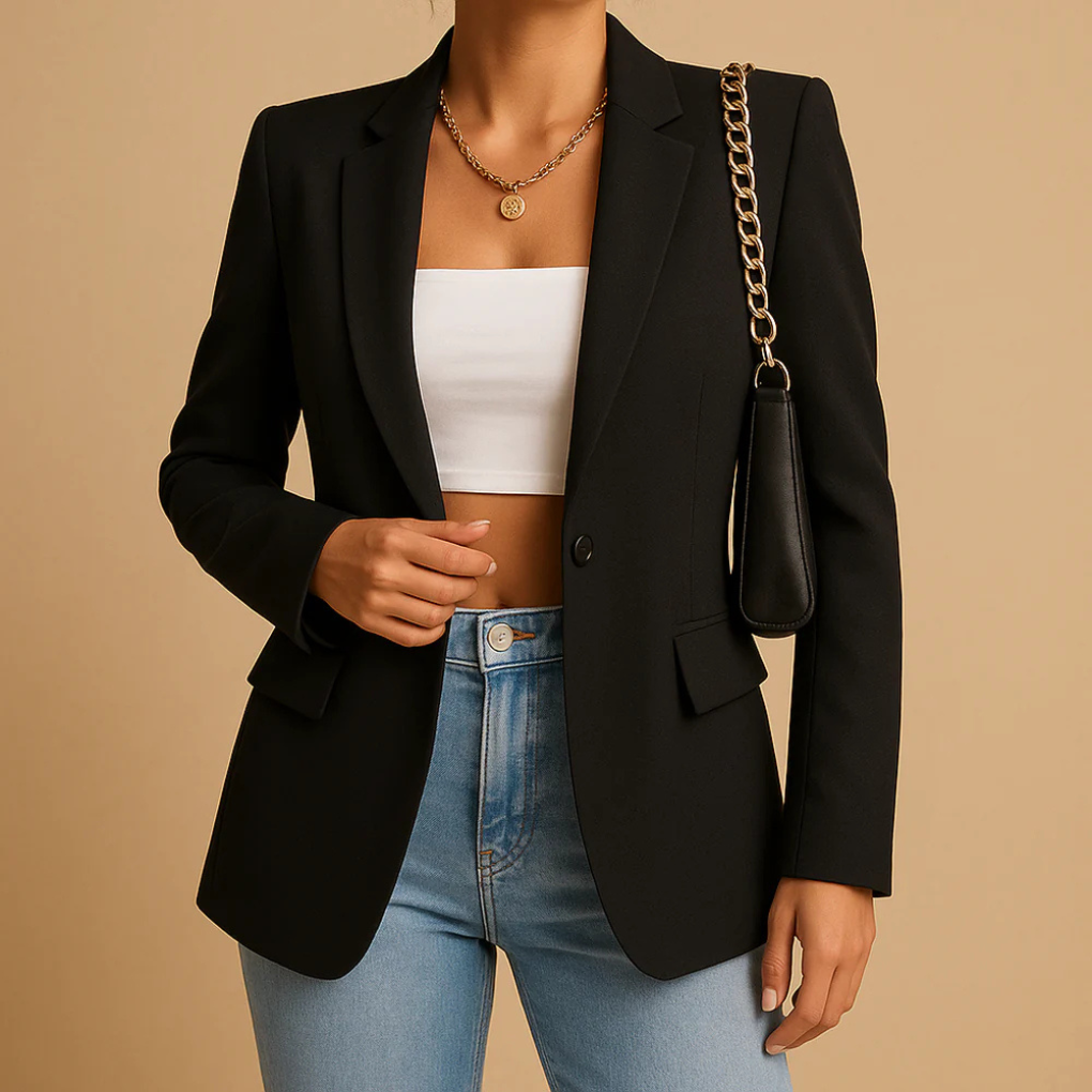 Timeless women's fitted blazer, a versatile outerwear piece for both casual and professional settings.