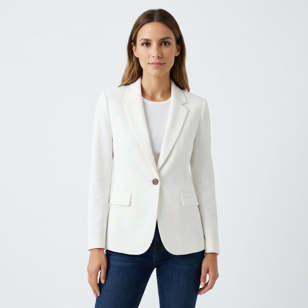 Women's elegant fitted single-breasted white blazer for professional business casual office wear.
