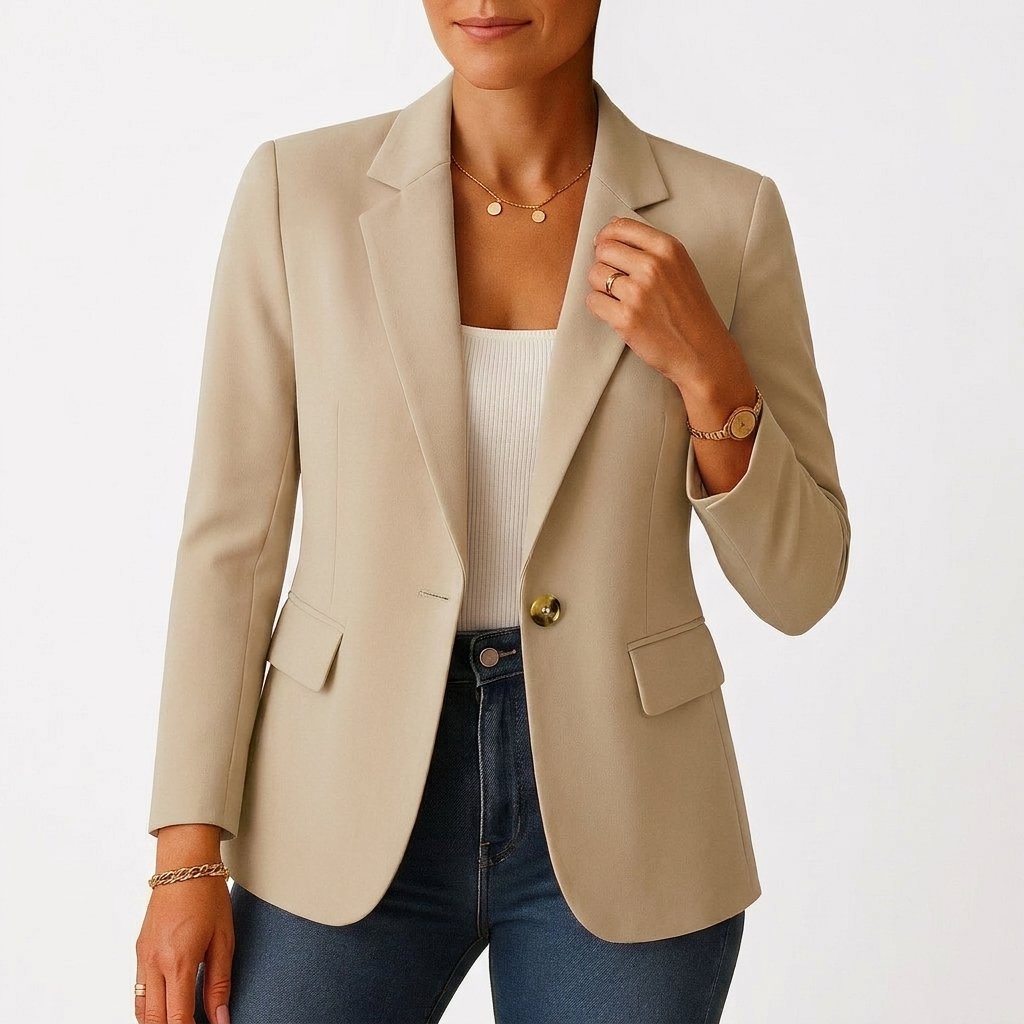 Classic white single-breasted blazer for women, elegantly fitted, ideal professional office jacket.