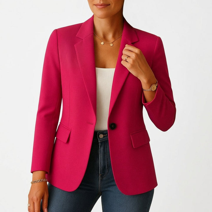 Elegant women's tailored white blazer, single-breasted, showcasing a perfect fitted professional style.