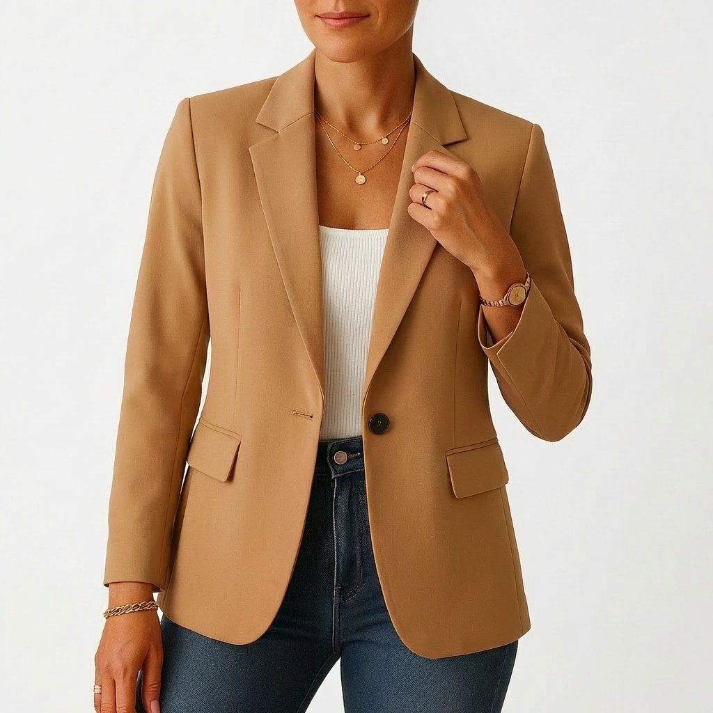 Professional women's white single-breasted blazer, a sophisticated fitted jacket for business wear.
