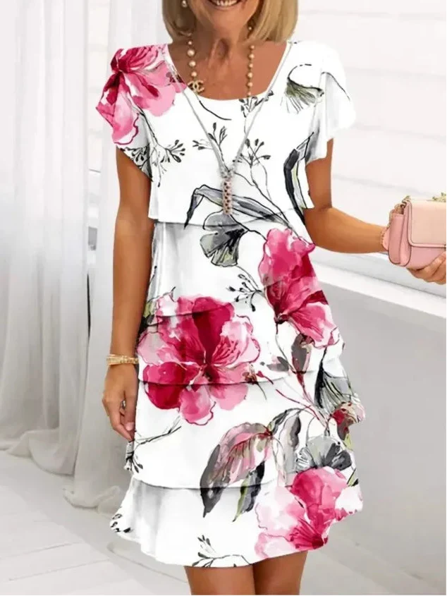 Women's elegant floral A-line ruffle comfort dress, perfect for summer casual wear or special occasions.