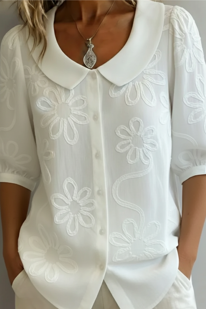 Chic women's floral blouse with elegant print, relaxed fit, stylish for casual spring/summer outfits.