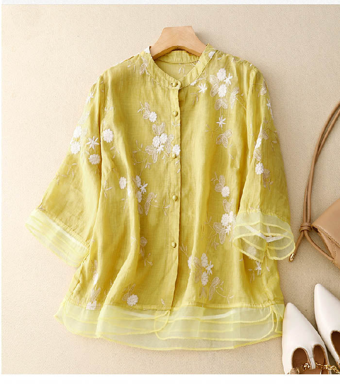Back view of a women's flowy floral 3/4 sleeve button-down blouse, offering a comfortable and stylish fit.