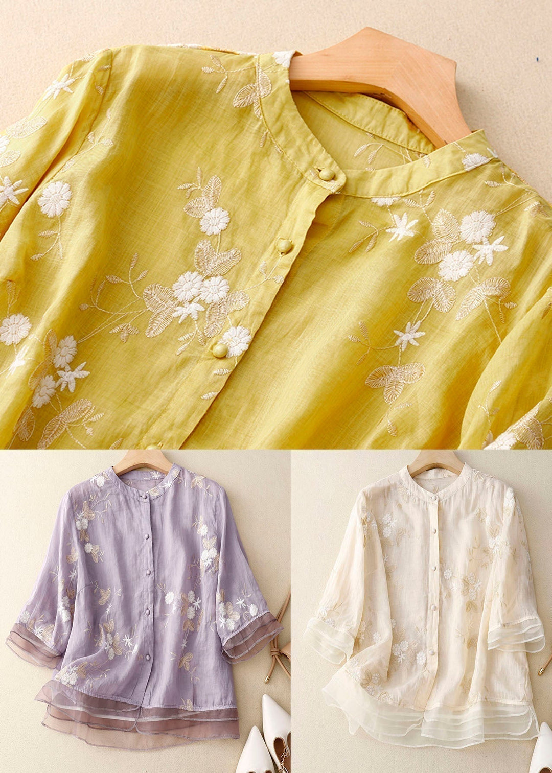 Versatile women's floral button-down blouse with 3/4 sleeves, easily dressed up or down for any occasion.