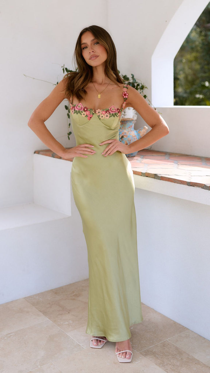 Women's special occasion maxi dress, elegantly embroidered with a vibrant floral pattern.