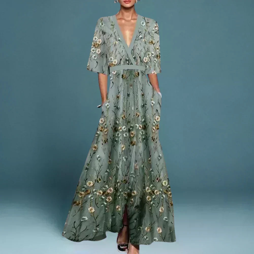 Green floral long evening dress for women, elegant V-neck design, ideal for wedding guests or galas.