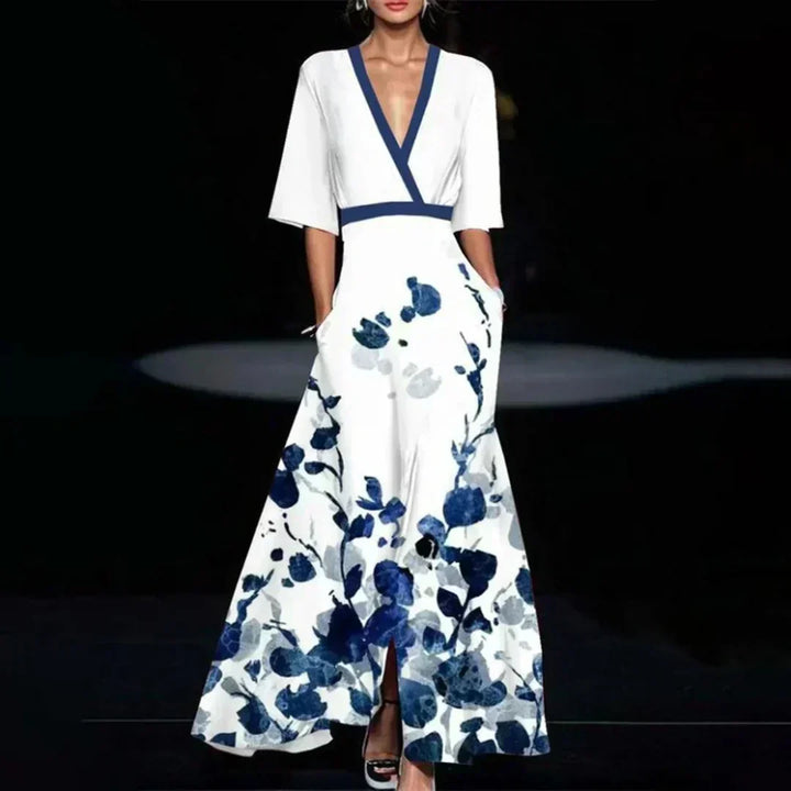 White floral women's cocktail dress, elegant V-neck, 3/4 sleeves, perfect for parties & formal wear.