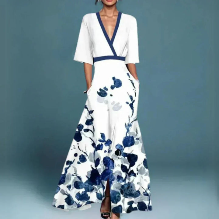 Elegant women's floral party dress, V-neck, 3/4 sleeves, long length, ideal for formal & special occasions.