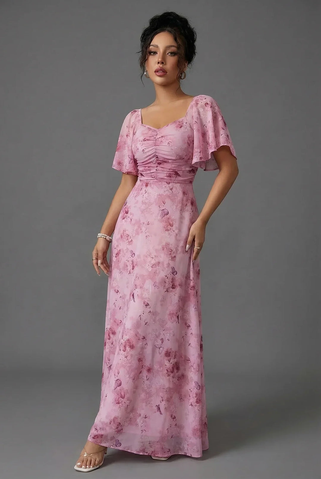 Women's elegant floral flutter sleeve maxi dress, perfect for spring/summer special occasions & parties.