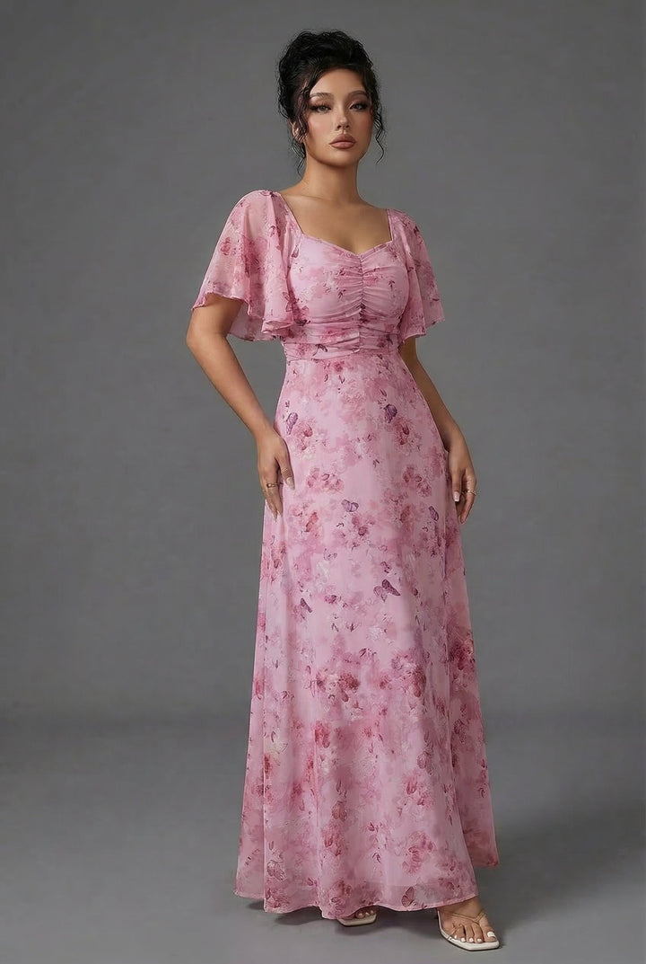 Flowy women's long floral dress with delicate flutter sleeves, perfect for summer, spring, or formal wear.