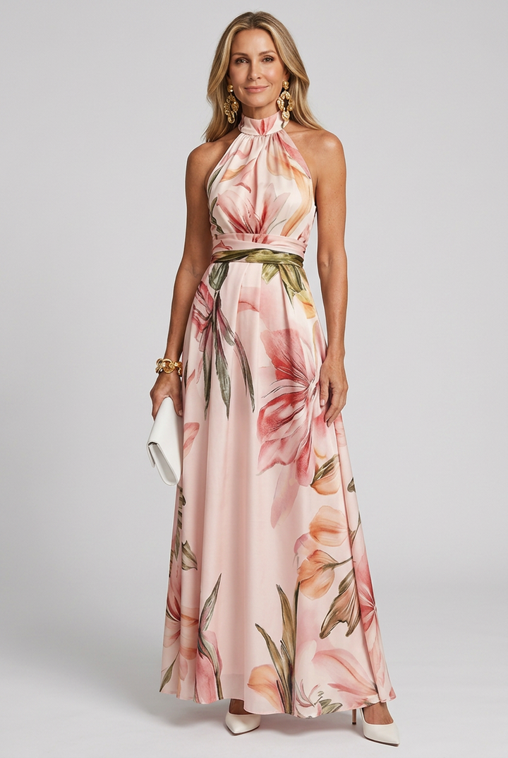 Women's elegant floral halter maxi dress in flowing fabric, perfect for summer parties or vacations.