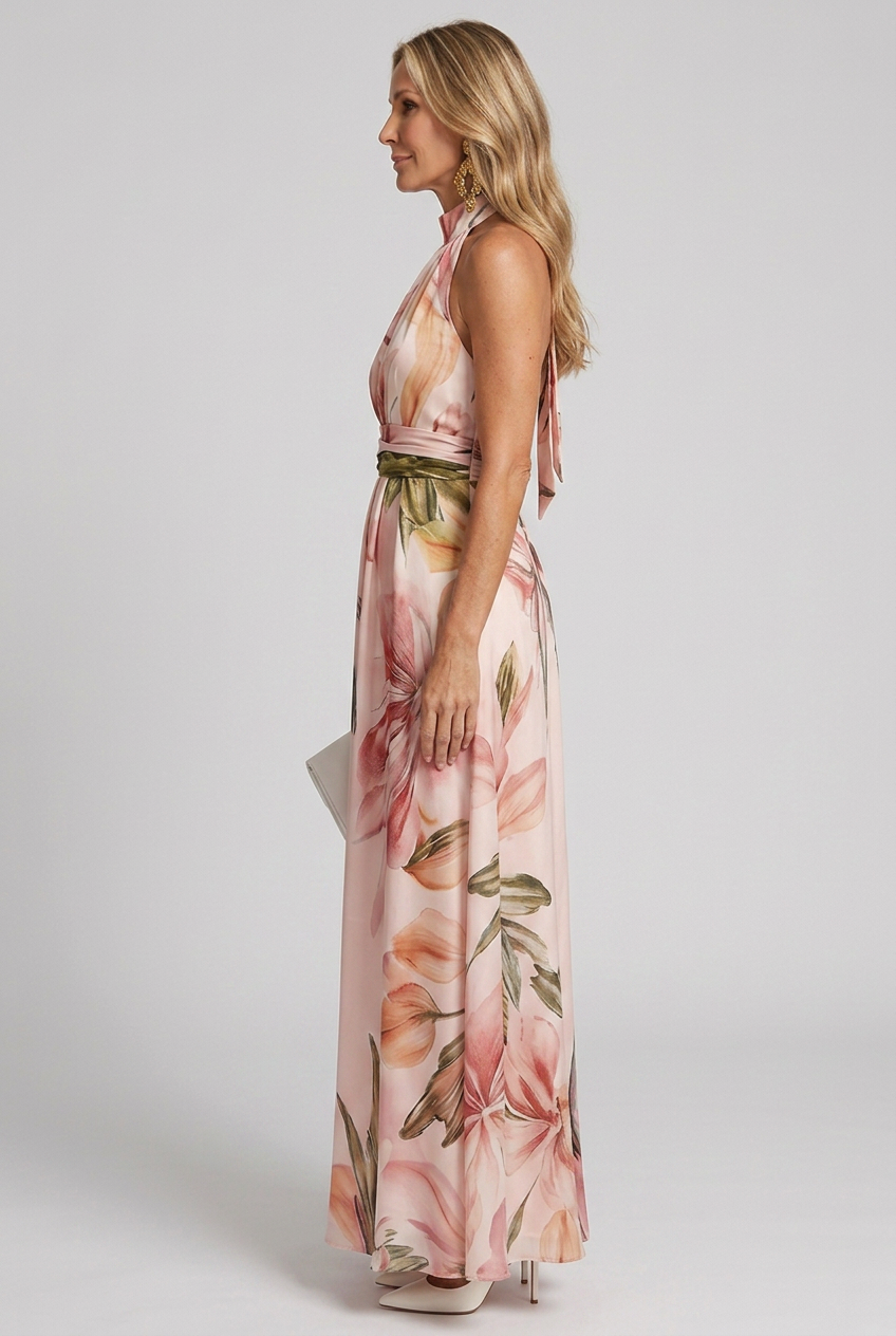 Flowing women's peach pink and ivory floral maxi dress with a halter neck, ideal for summer elegance.