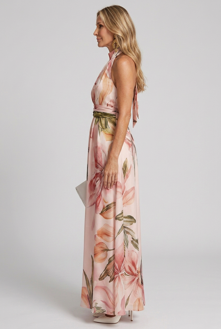 Flowing women's peach pink and ivory floral maxi dress with a halter neck, ideal for summer elegance.