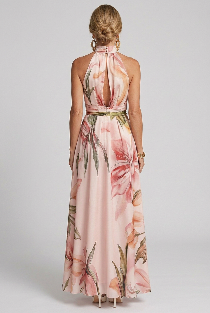Beautiful women's floral halter maxi dress, a flowing and elegant choice for any party or vacation.