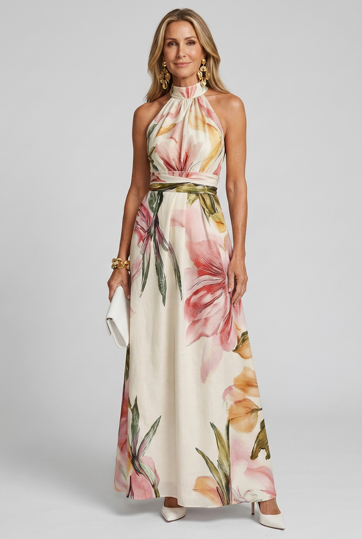 Chic women's pink floral halter flowing maxi dress, an elegant summer and vacation party essential.