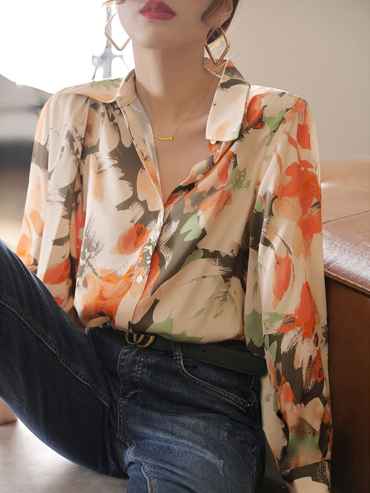 Chic women's long-sleeve floral ink print blouse. Ideal versatile top for elegant smart casual looks & everyday wear.