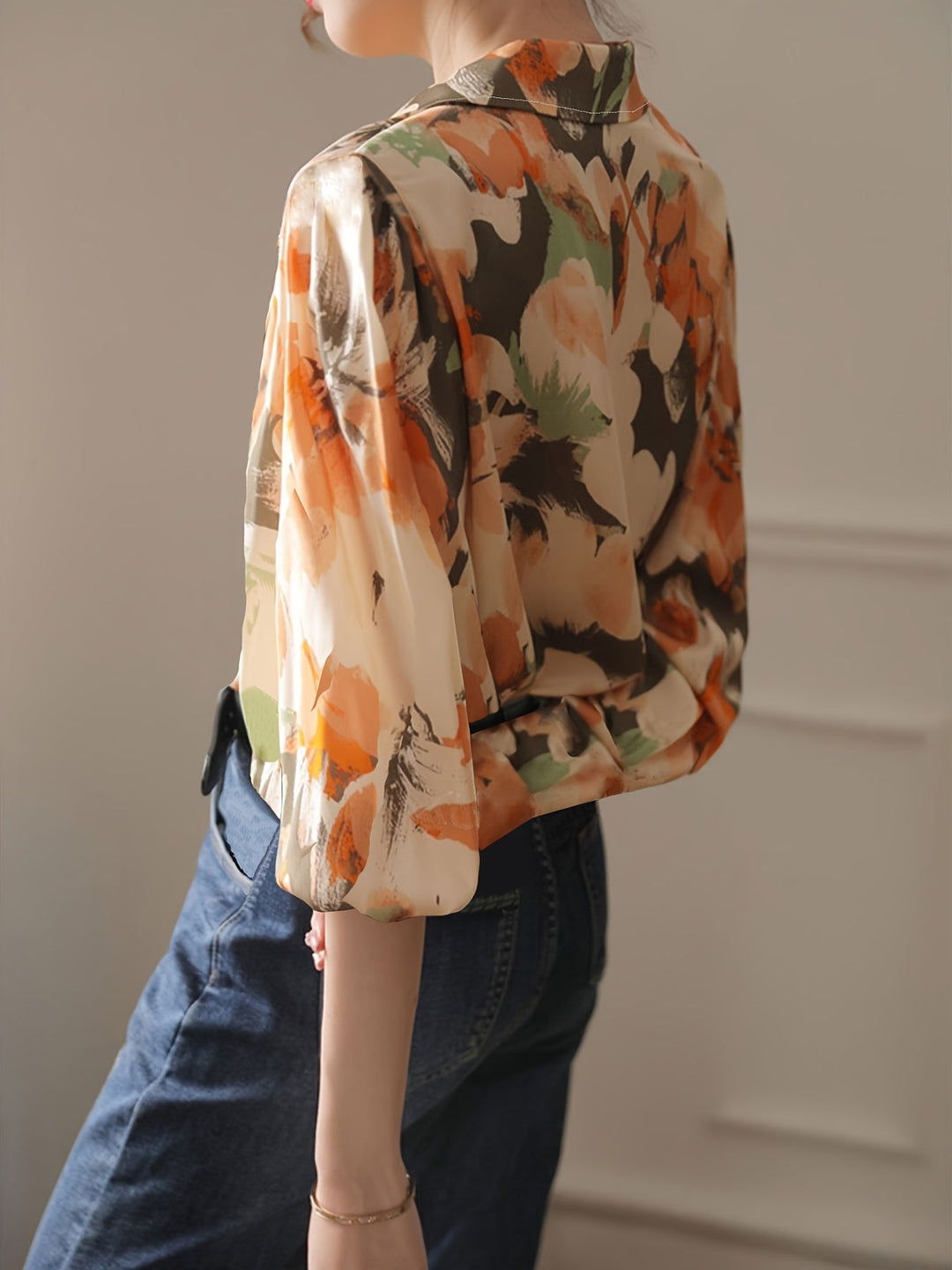 Women's comfortable floral ink print blouse. Elegant long-sleeve top, perfect for versatile spring, summer & autumn style.