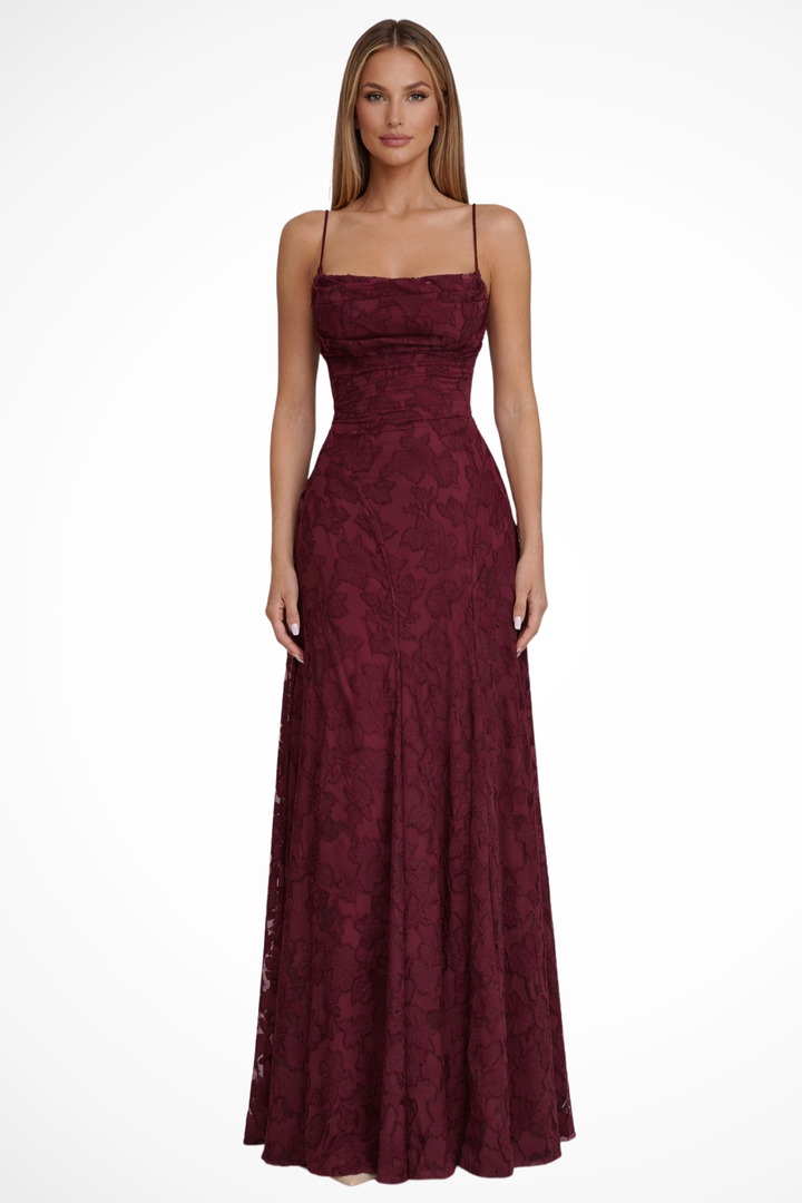 Women's elegant floral jacquard maxi dress with spaghetti straps & lace-up back. Formal evening wear.