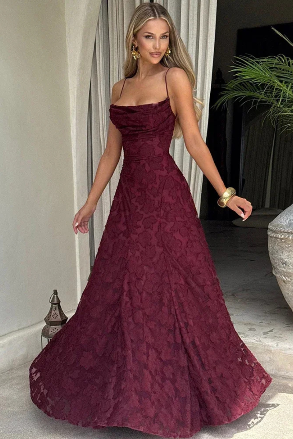 Floor-length women's floral jacquard maxi dress, featuring a chic lace-up back & elegant spaghetti straps.