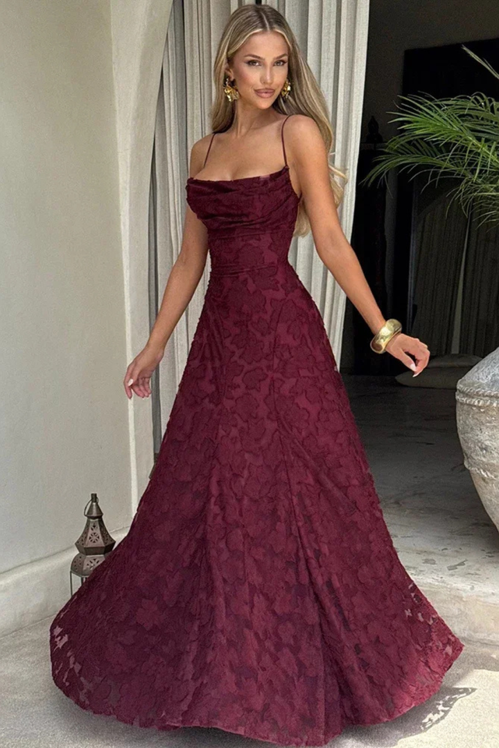 Floor-length women's floral jacquard maxi dress, featuring a chic lace-up back & elegant spaghetti straps.