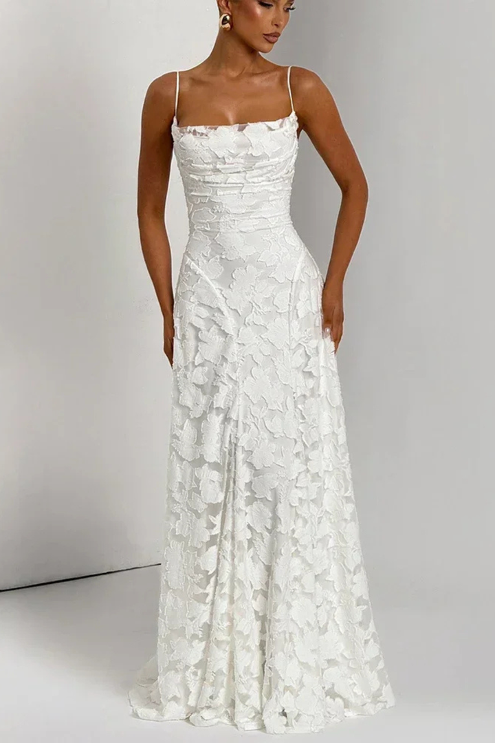 Sleeveless floral jacquard maxi dress for women, featuring a sophisticated lace-up back and elegant formal design.