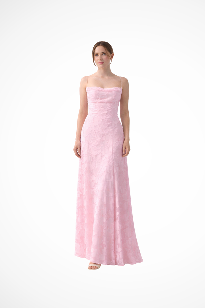 Elegant women's floral jacquard maxi dress with a beautiful lace-up back, perfect for special occasions.