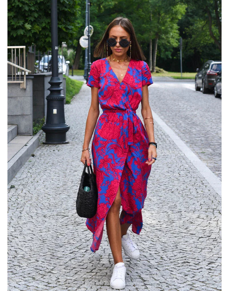 Women's elegant floral maxi dress with a flattering V-neck, perfect for summer casual wear or vacation.