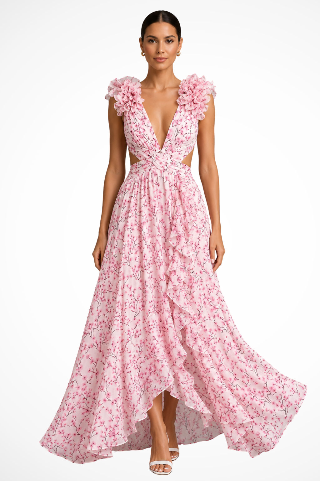 Women's elegant floral maxi dress with ruffle V-neck, perfect for wedding guests or summer parties.