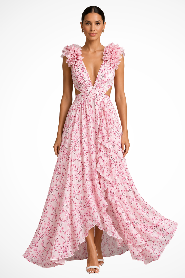 Women's elegant floral maxi dress with ruffle V-neck, perfect for wedding guests or summer parties.