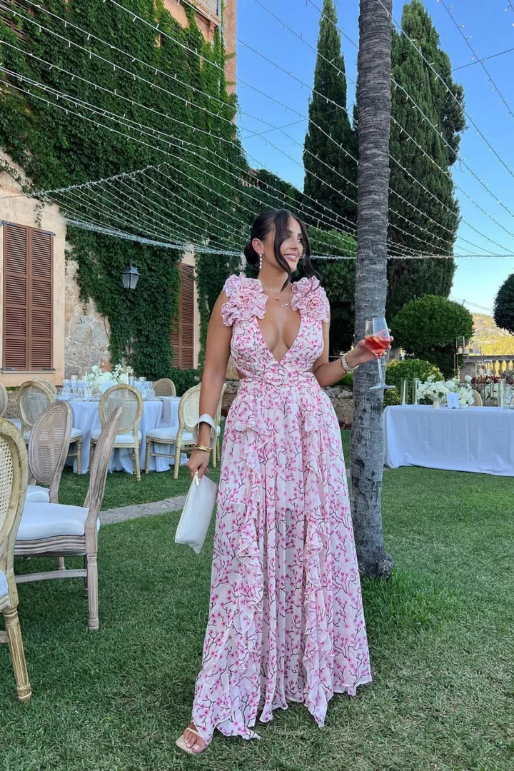 Formal women's floral maxi dress with ruffle V-neck, a perfect choice for garden parties & weddings.