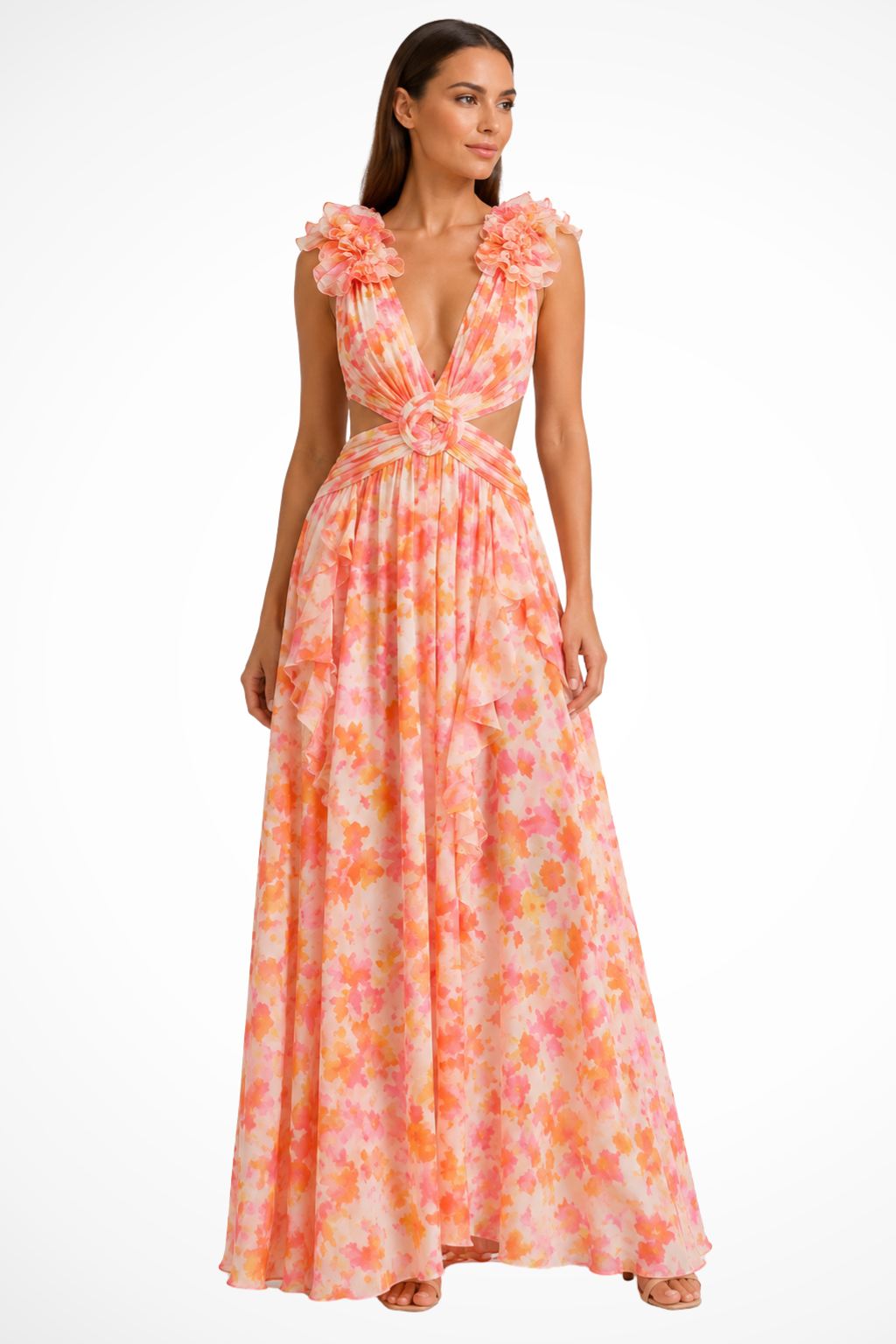 Chic women's floral maxi wedding guest dress, designed with a sophisticated ruffle V-neck.